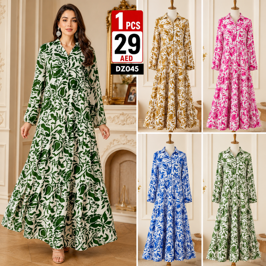 Women’s Floral Printed Maxi Dress | Elegant Button-Front Long Sleeve Casual Abaya Style Dress for Women - DZ045