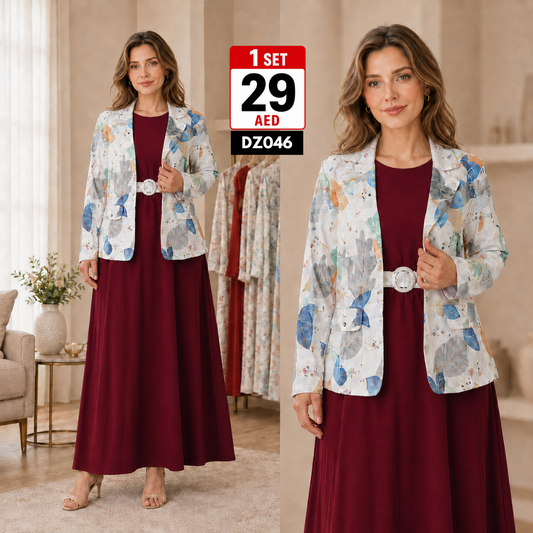 Women’s Elegant 2PC Jacket Abaya Dress Set | Premium Printed Blazer Style Maxi Dress for Women - DZ046