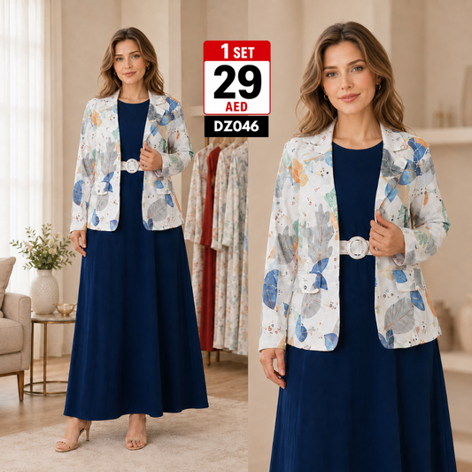 Women’s Elegant 2PC Jacket Abaya Dress Set | Premium Printed Blazer Style Maxi Dress for Women - DZ046