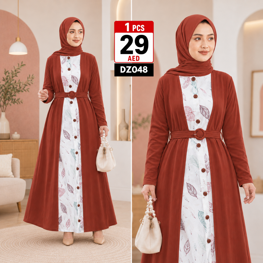 Women’s Layered Printed Maxi Dress | Elegant Belted Long Sleeve Casual Modest Dress for Women - DZ048