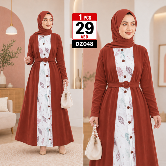 Women’s Layered Printed Maxi Dress | Elegant Belted Long Sleeve Casual Modest Dress for Women - DZ048