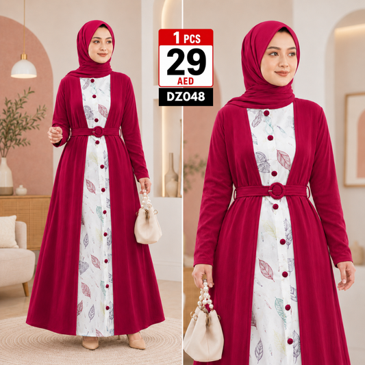 Women’s Layered Printed Maxi Dress | Elegant Belted Long Sleeve Casual Modest Dress for Women - DZ048
