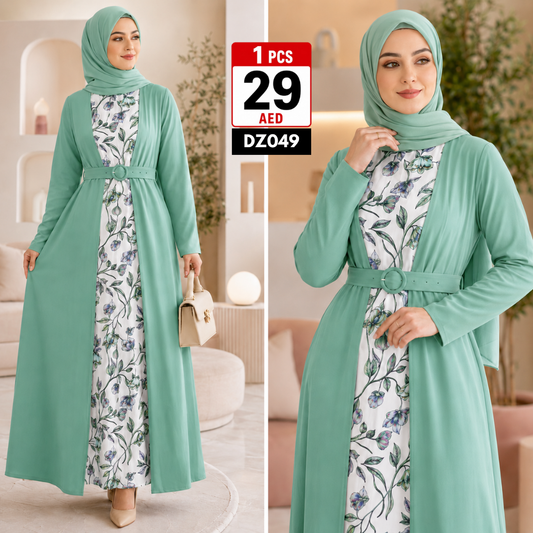 Women’s Printed Layered Maxi Dress | Elegant Belted Long Sleeve Casual Modest Dress for Women - DZ049