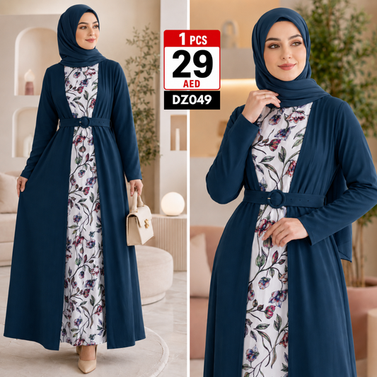 Women’s Printed Layered Maxi Dress | Elegant Belted Long Sleeve Casual Modest Dress for Women - DZ049