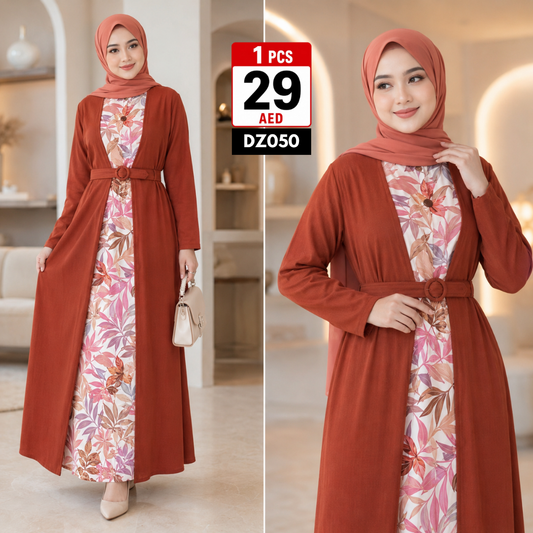 Women’s Printed Layered Maxi Dress | Elegant Belted Casual Abaya Style Long Dress for Women - DZ050