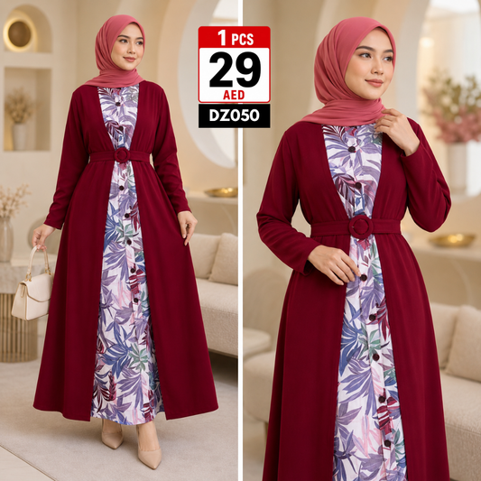 Women’s Printed Layered Maxi Dress | Elegant Belted Casual Abaya Style Long Dress for Women - DZ050