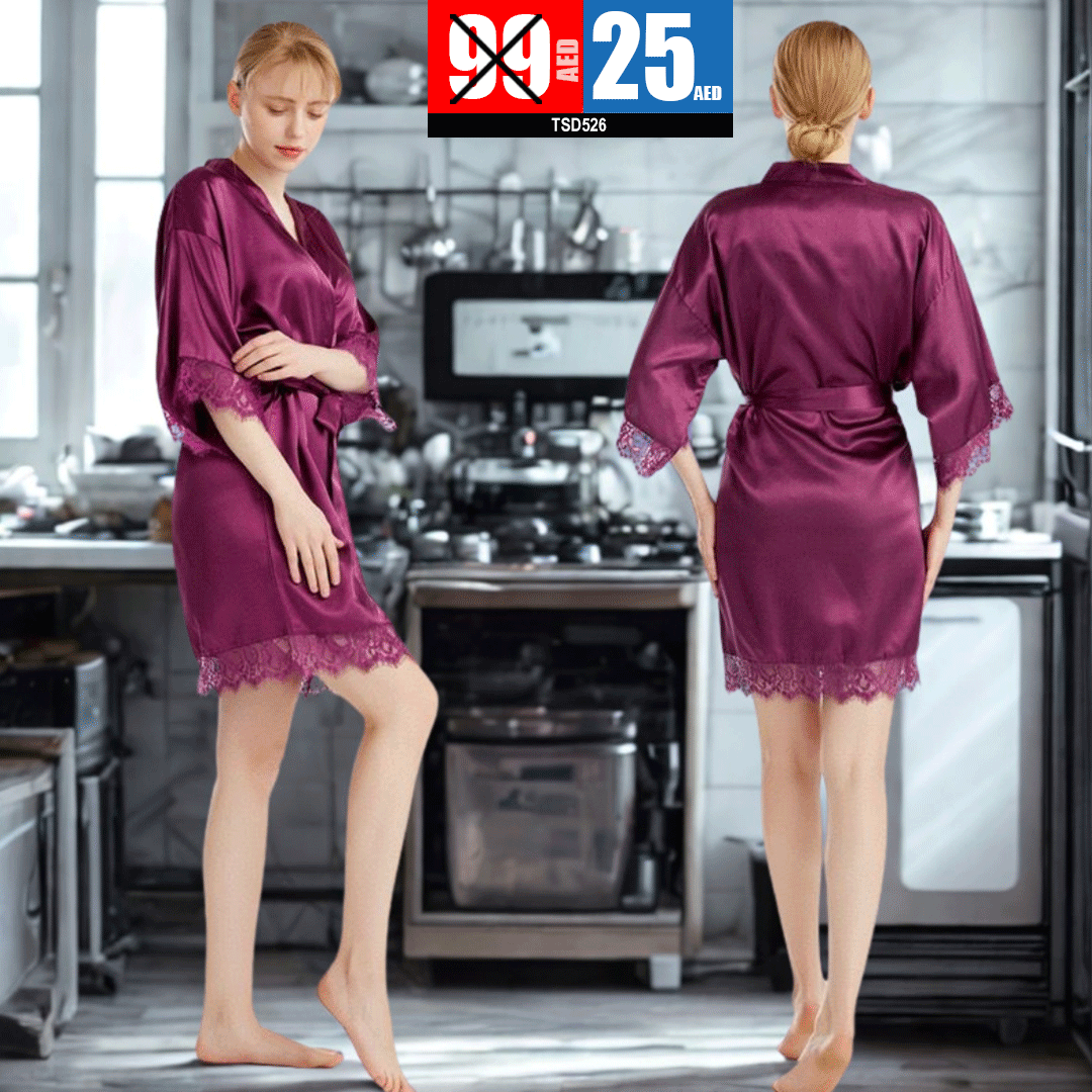 Women's Satin Kimono Robe with Lace Trim- TSD526