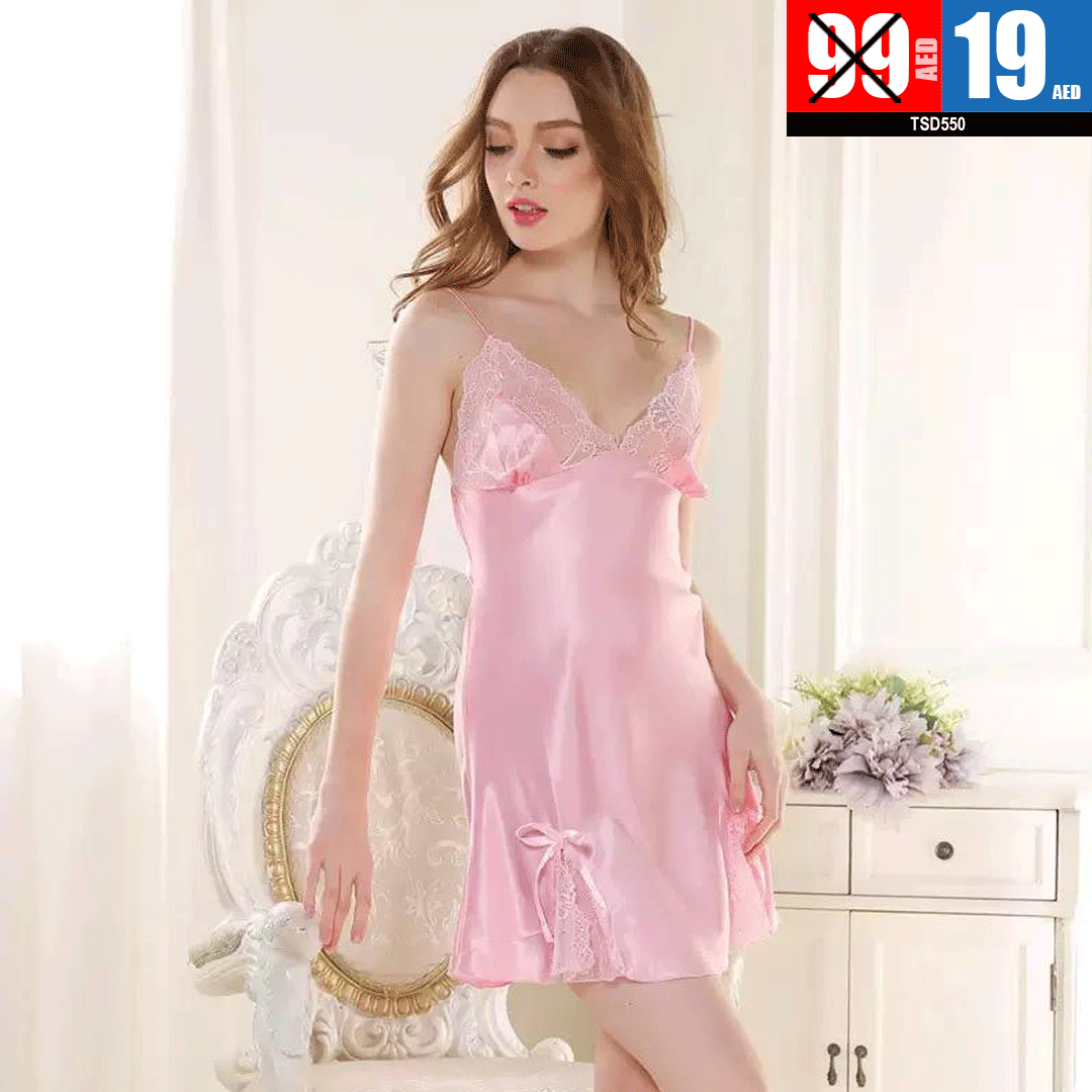 Women's Pink Satin & Lace Nightdress - TSD 550
