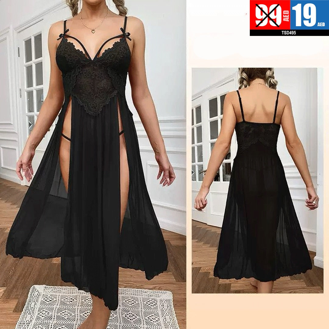 Black Lace and Sheer High-Slit Lingerie Gown - TSD495
