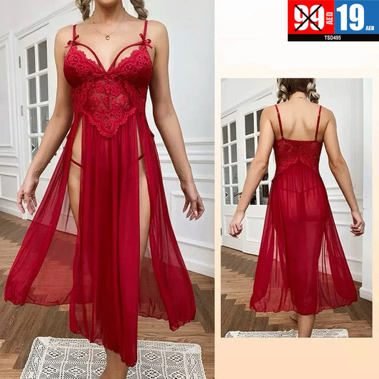 Black Lace and Sheer High-Slit Lingerie Gown - TSD495