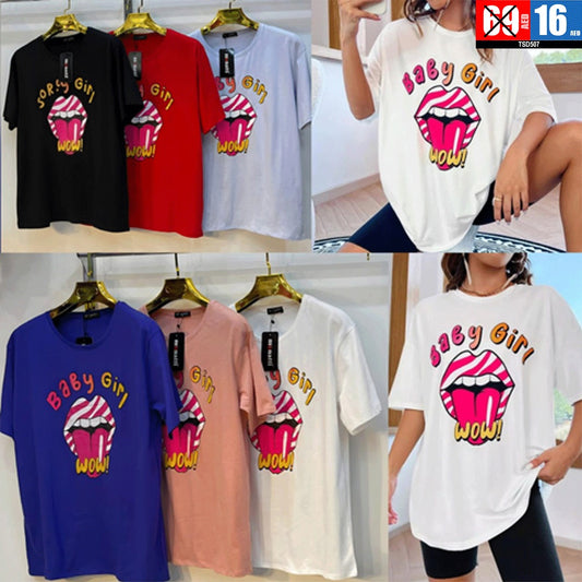 Trendy oversized t-shirt featuring a bold "Baby Girl WOW!" - TSD407