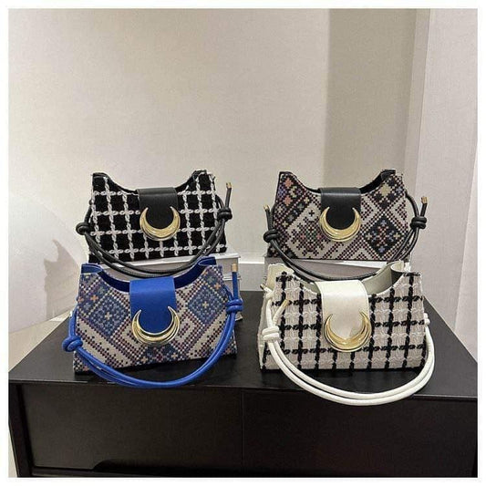 A boho-chic miniature shoulder bag woven in pastel geometric tapestry. - TSD-HB011