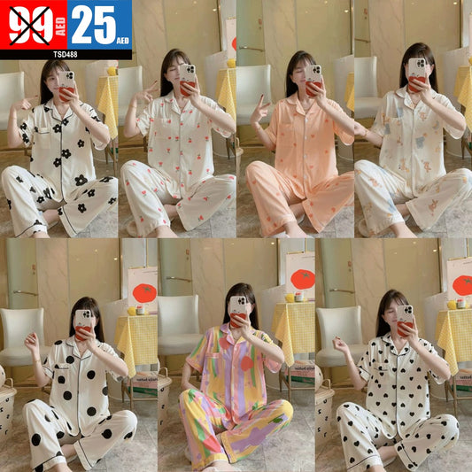 Women's Printed Button-Up Pajama Set - TSD488