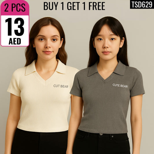 Ribbed Knit Polo Crop (Buy 1 Get 1) - TSD629