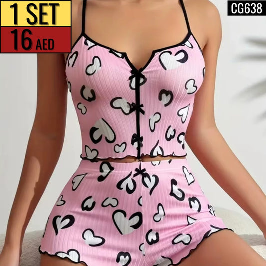 Women’s Ribbed Heart-Print Lounge Set -CG638