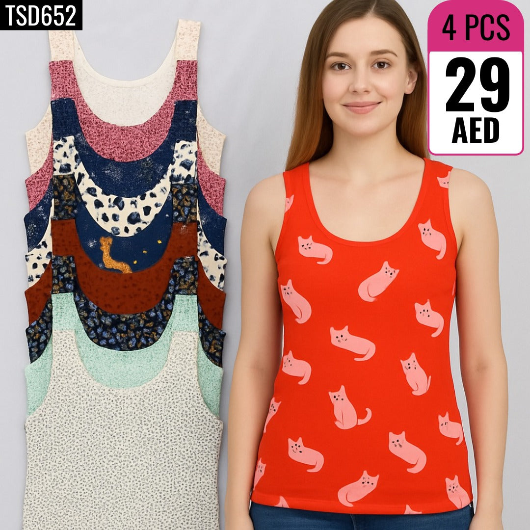 4-Piece Printed Cotton Tank Tops- TSD652