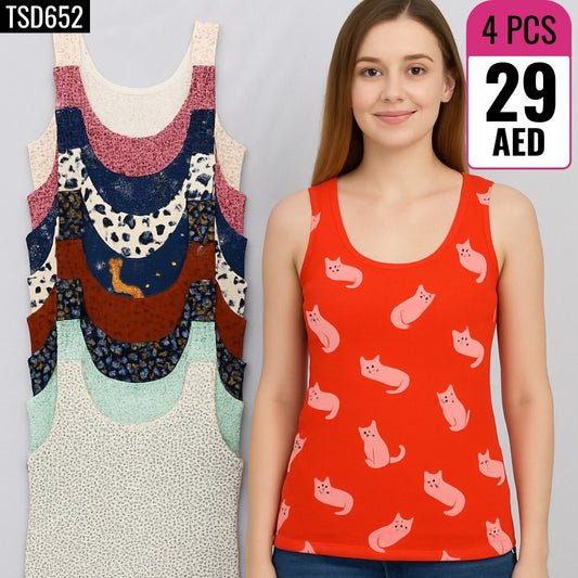 4-Piece Printed Cotton Tank Tops- TSD652