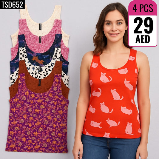 4-Piece Printed Cotton Tank Tops- TSD652