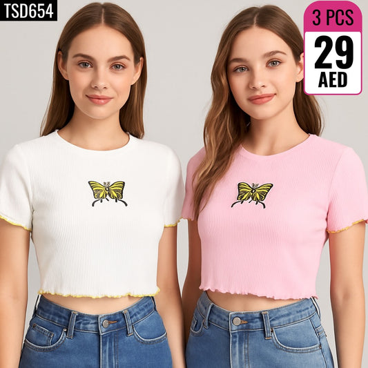 3-Piece Butterfly Embroidered Crop Tops - TSD654