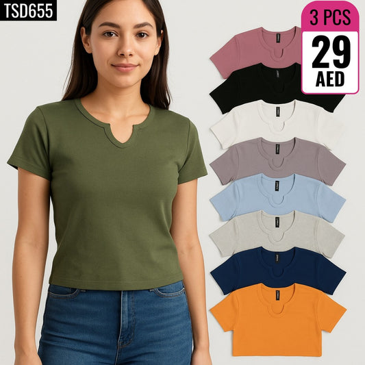 3-Piece Split-Neck Short-Sleeve Tops - TSD655