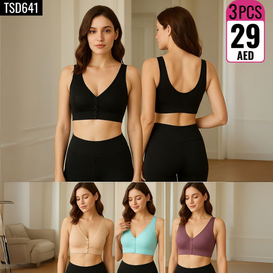 3-Piece Wireless Front-Button Bras - TSD641