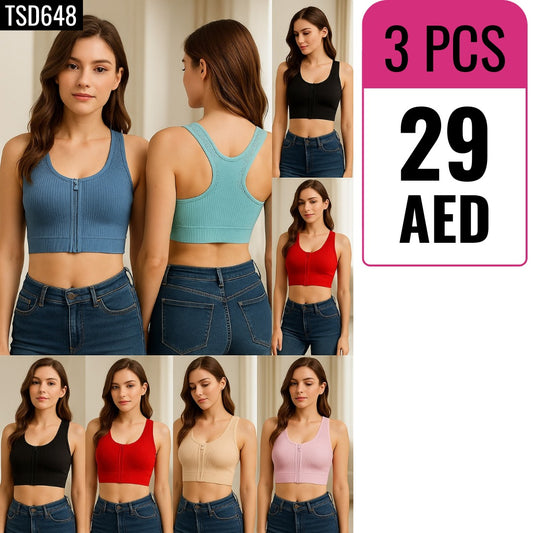 3-Piece Zipper Front Ribbed Crop Tops - TSD648