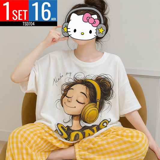 Cute Cartoon Print Pajama Set with Polka Dot Pants - TSD704