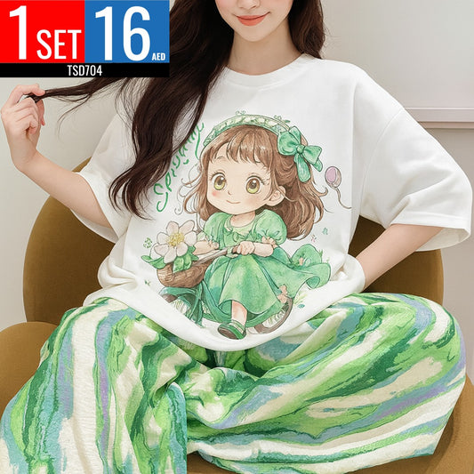 Cute Cartoon Print Pajama Set with Polka Dot Pants - TSD704