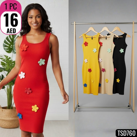 Trendy sleeveless bodycon dress with colorful 3D floral appliqués - TSD760