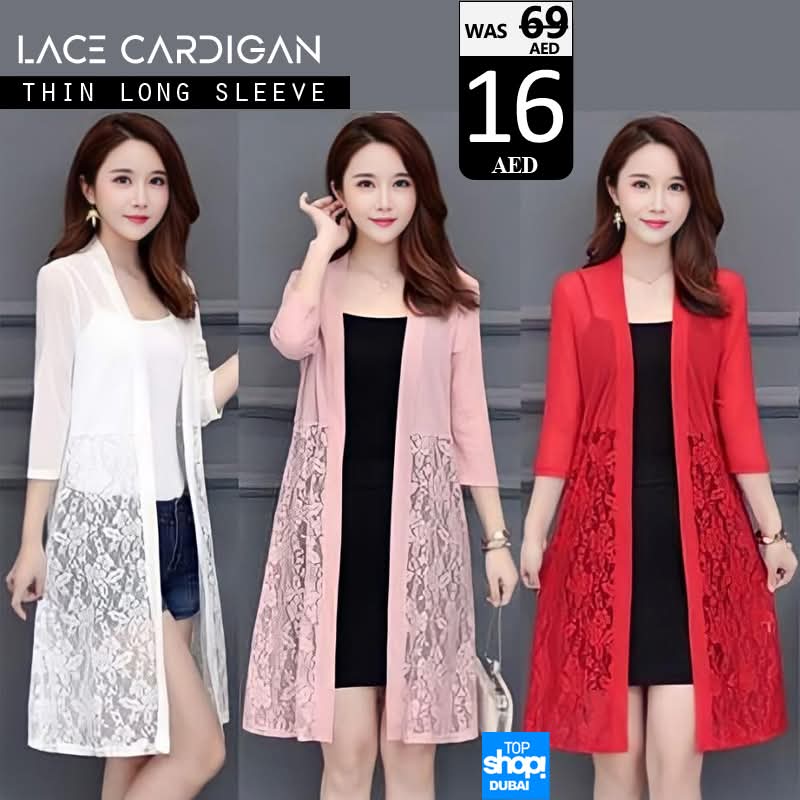 Elegant long lace cardigan with thin fabric and 3/4 sleeves. -