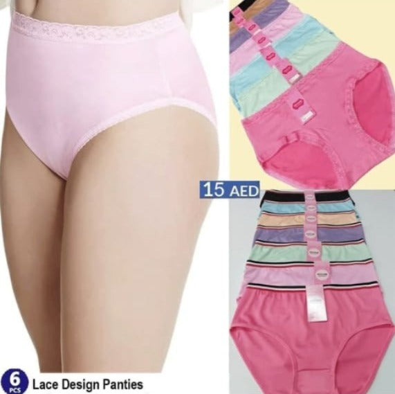 Set of 6 lace design high-waist cotton panties for women.
