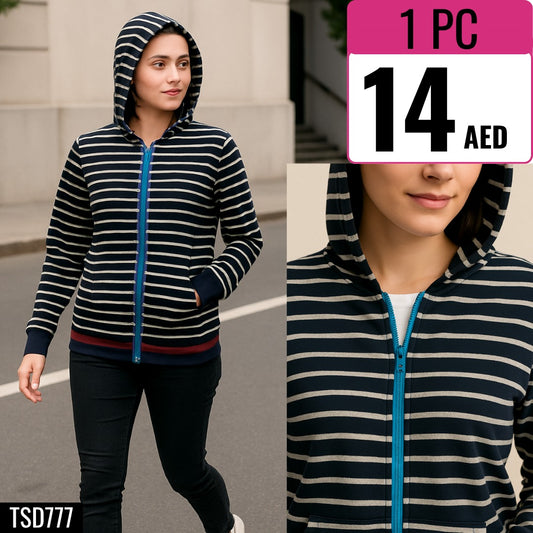 Navy blue and beige striped zip-up hoodie - TSD777
