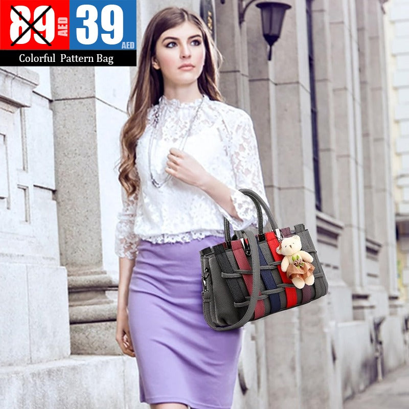 👜 Colorful Pattern Handbag with Teddy Charm