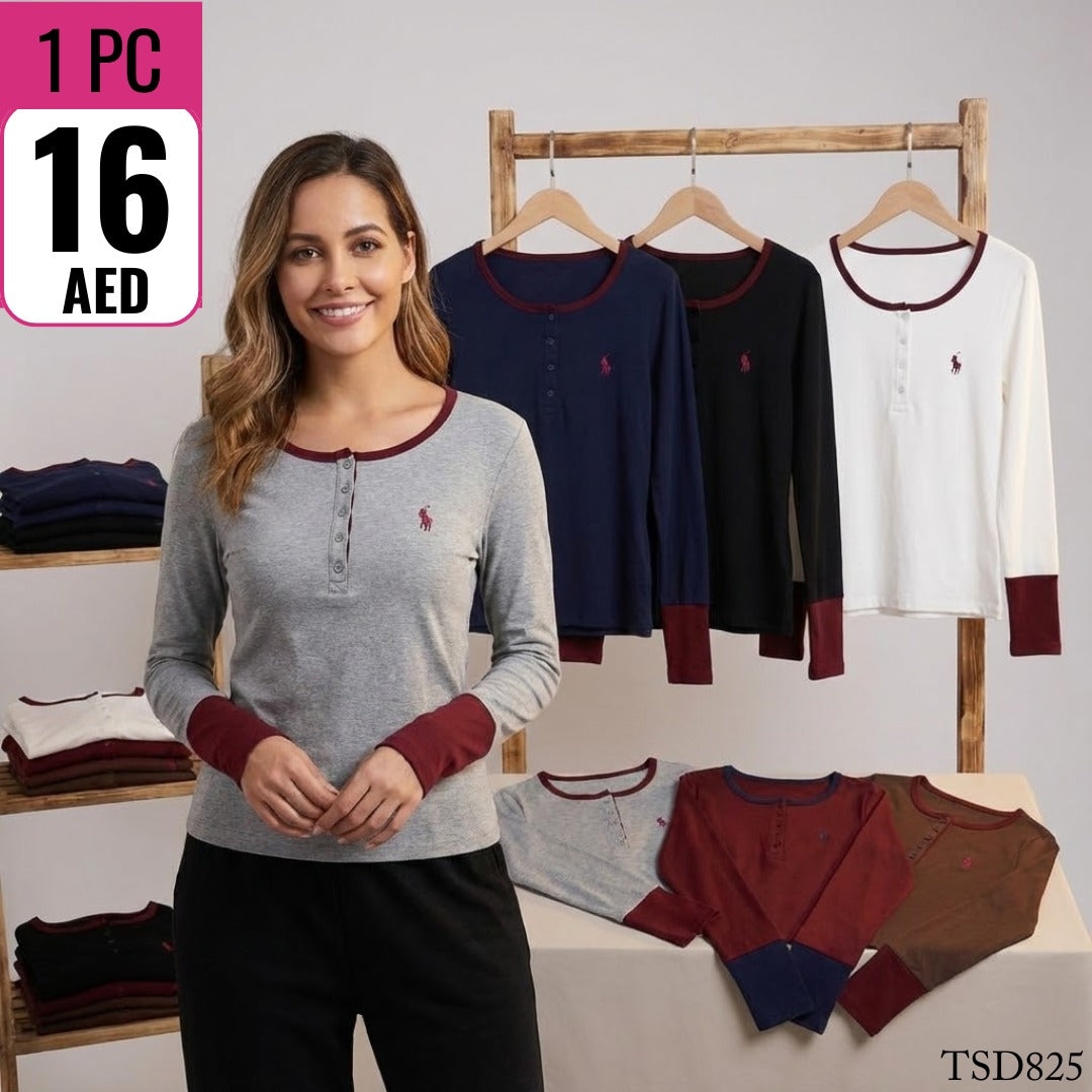 Women’s Contrast Trim Henley Long Sleeve Top – TSD825