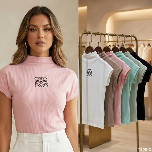 Elegant high-neck ribbed top with signature logo detail - TSD842