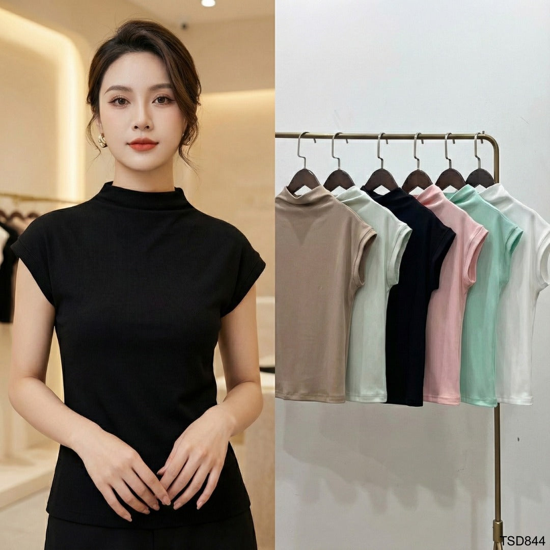 High-neck cap-sleeve ribbed top - TSD844