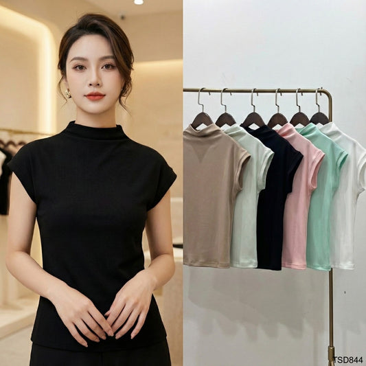 High-neck cap-sleeve ribbed top - TSD844