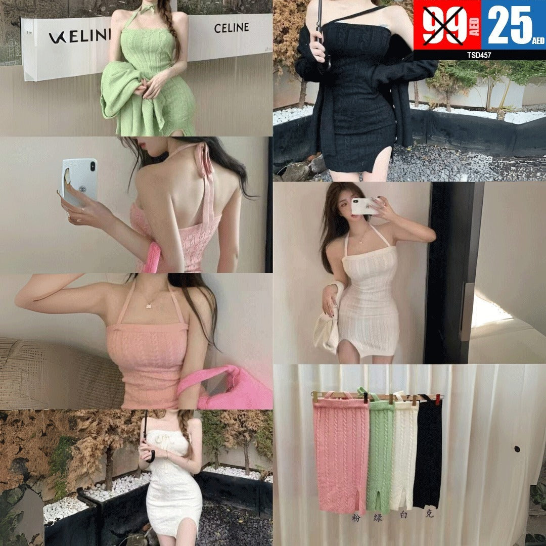 Knit Bodycon Halter Mini Dress Summer Slim Fit Ribbed Dress - TSD457