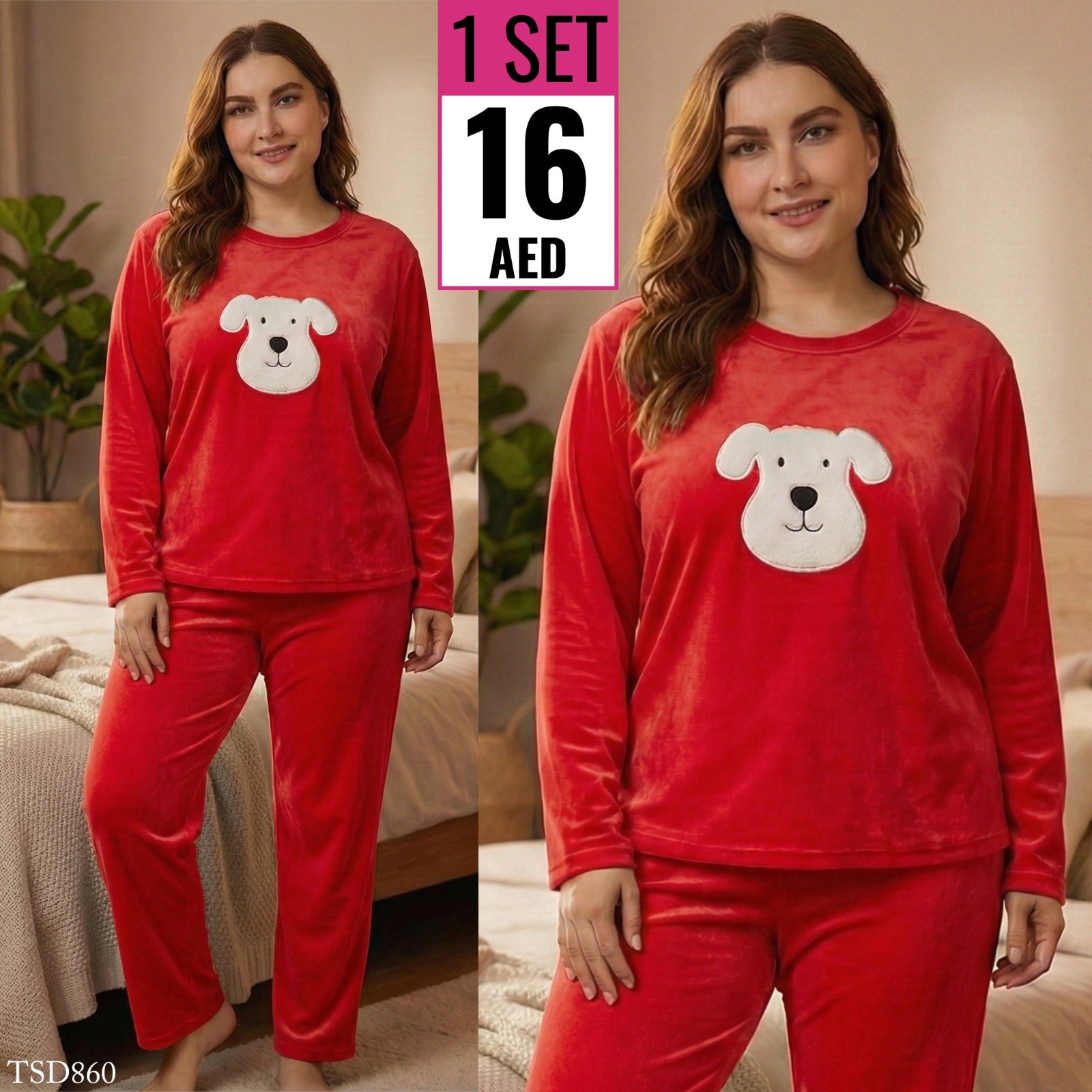 Super Soft Velvet Pajama Set with Cute Puppy - TSD860