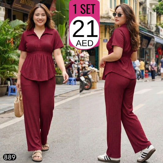 Women’s Ribbed Two-Piece Casual Set – Top & Pants - TSD889