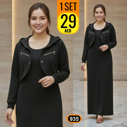 Hooded Maxi Dress Abaya Set with Zip Hoodie Jacket - 935