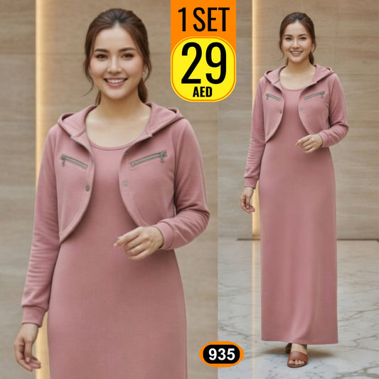 Hooded Maxi Dress Abaya Set with Zip Hoodie Jacket - 935