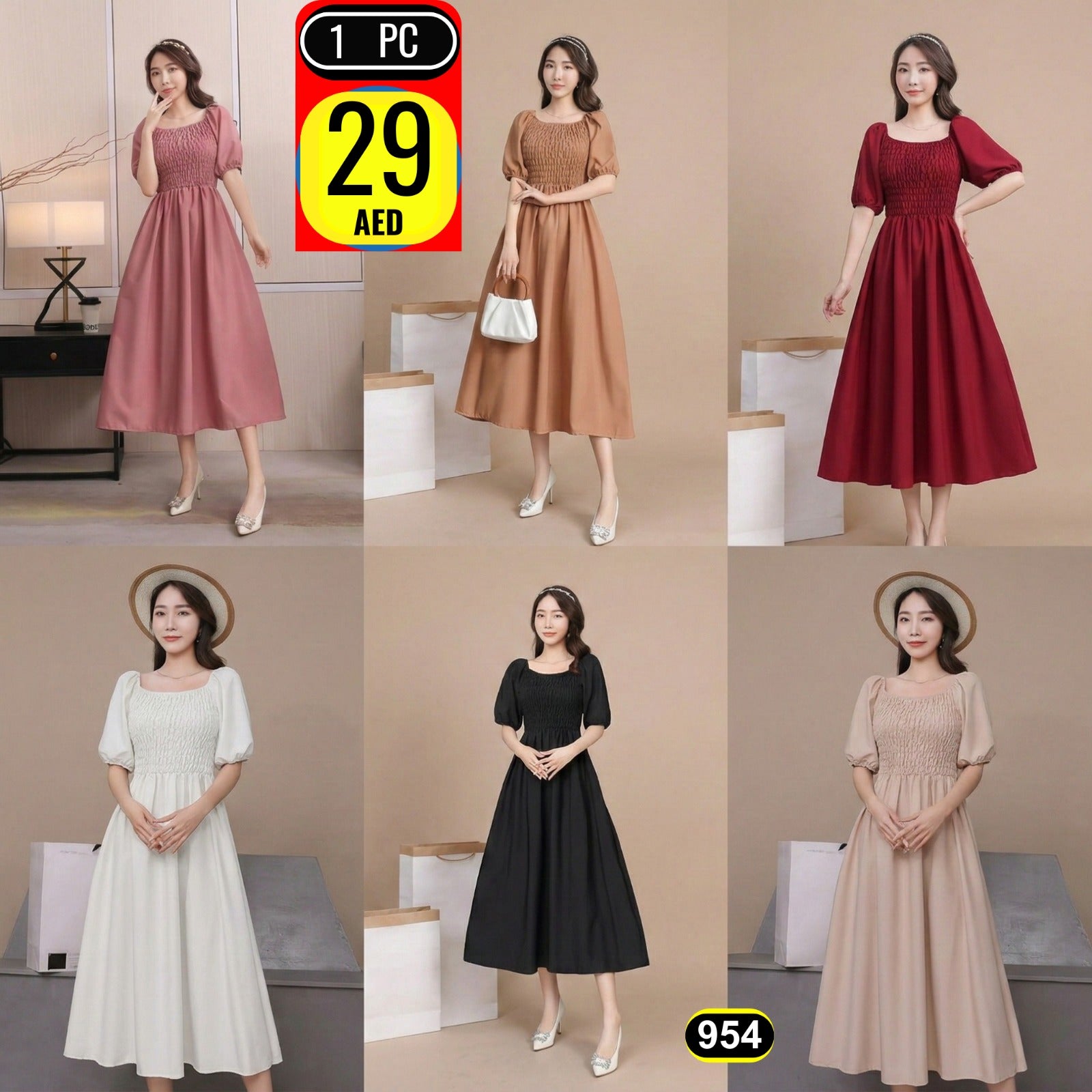 Elegant Smocked Midi Dress – 954