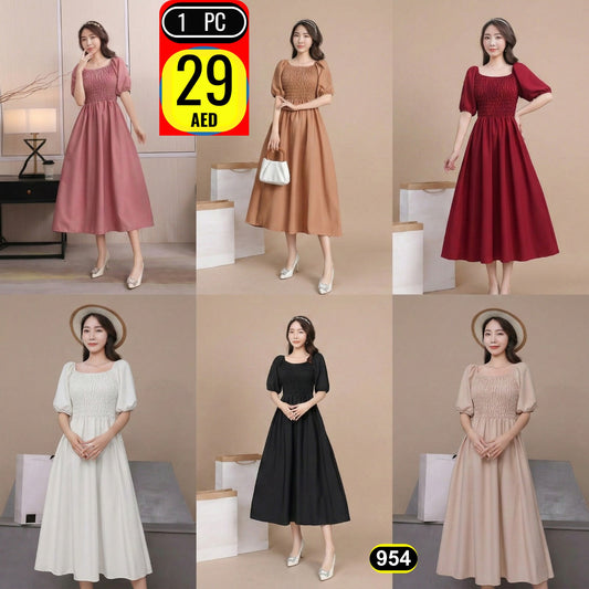 Elegant Smocked Midi Dress – 954