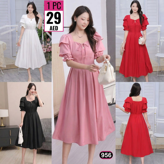 Elegant Puff Sleeve Midi Dress – 956