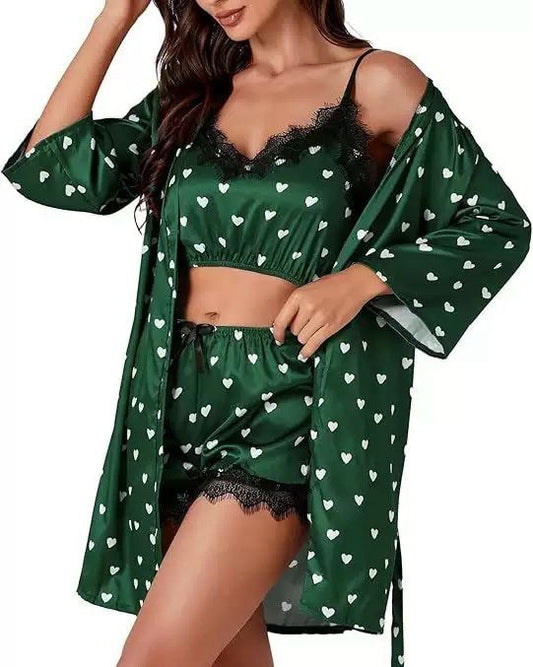3-Piece Satin Heart Print Sleepwear Set -TSD487