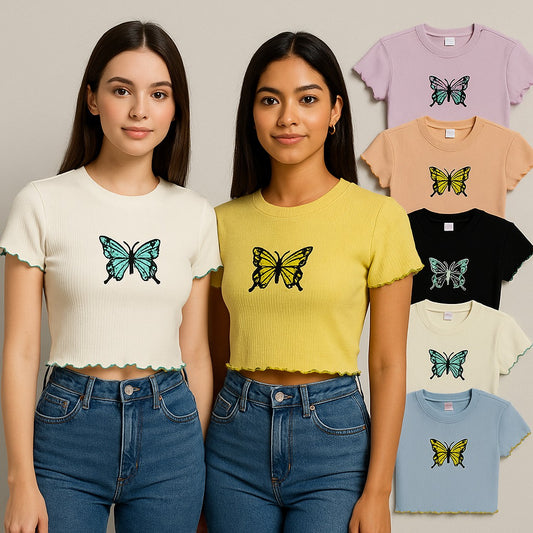 3-Piece Butterfly Embroidered Crop Tops - TSD654