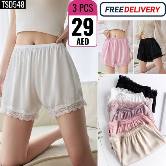 Women's Silky Lace-Trimmed Safety Shorts (3-Piece Set) -TSD548