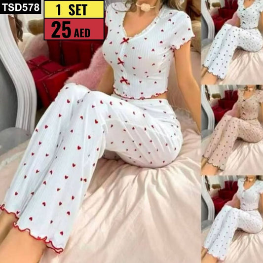 Heart Print Ribbed Pajama Set - TSD578